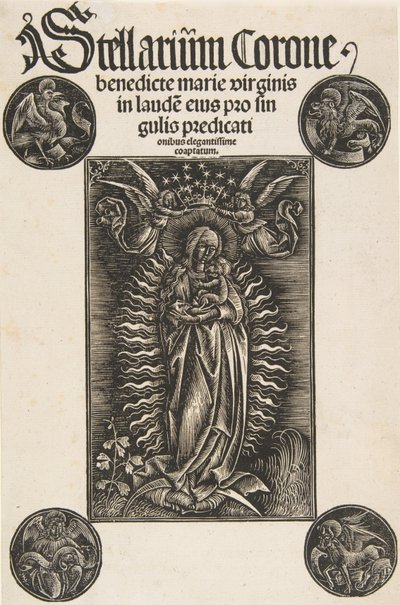 Jomfru på en halvmåne, titelblad fra Pelbartus de Temesvar: Stellarium corone Schr. 2869..., 1502. af Daniel Hopfer.