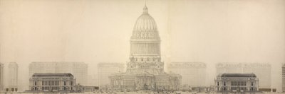 Planche 131 fra The Plan of Chicago, 1909: Chicago. Elevation, der viser den gruppe af bygninger, der udgør det foreslåede Civic Center. af Daniel Hudson Burnham