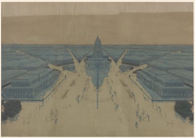 Udsigt over det foreslåede Civic Center Plaza og bygninger, Chicagos plan fra 1909 af Daniel Hudson Burnham