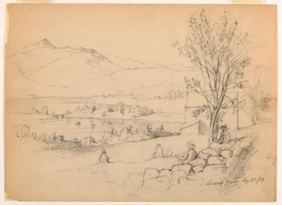 Tegning, Kunstnere skitserer ved Chocorua Pond, New Hampshire, 28. september 1854 af Daniel Huntington