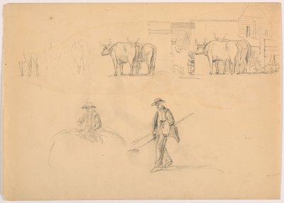 Tegning, Bondegård; figurer og okser, 1878 af Daniel Huntington