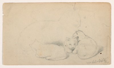 Tegning, Kat og tre killinger; bagside: Arabisk mand sidder og modtager en mand, muligvis efter David Roberts, 1844 af Daniel Huntington