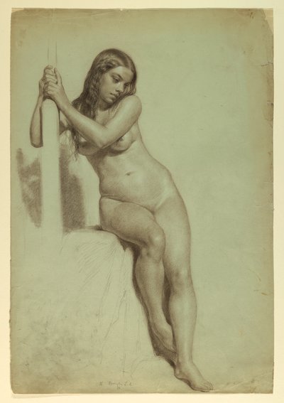 Tegning, Kvindelig nøgen siddende på en skammel, 1858 af Daniel Huntington