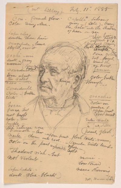 Tegning, Hiram Sibleys hoved, mange noter, 1885 af Daniel Huntington