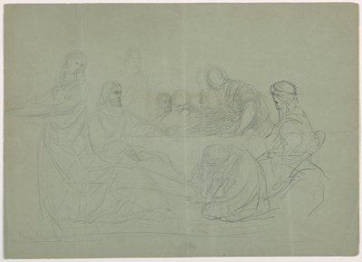 Tegning, Maria vasker Kristi fødder, flere mænd sidder ved et bord; bagside: noter, 1852 af Daniel Huntington