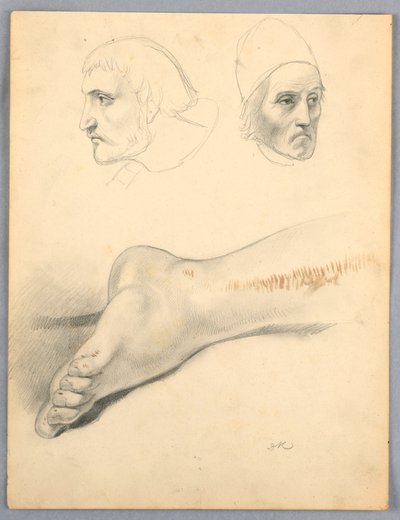 Tegning, højre fod og to hoveder S, 1852 af Daniel Huntington
