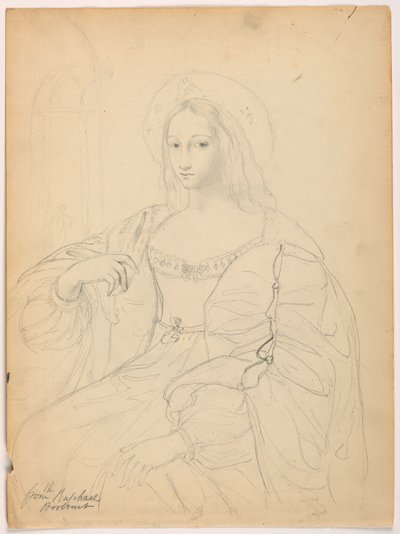Tegning, siddende figur i hofdragt efter Rafaels portræt Jeanne D