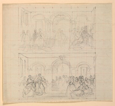 Tegning, to figurkompositioner til maleriet "Lady Washingtons modtagelse", 1860 af Daniel Huntington