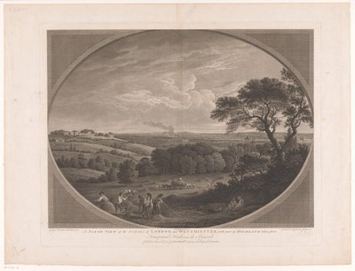 Udsigt i London, set fra Hampstead Heath En nordlig udsigt over byerne London og Westminster, med en del af Highgate taget fra Hampstead Heath, nær spanierne (titel på objektet) af Daniel Lerpinière