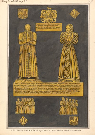Messingplade til Dr. James Goode og hans kone Joan, datter af Edward Clinton, West Drayton Church af Daniel Lysons