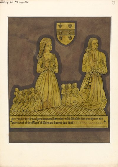 Messingplade til Richard Amondesham og hans kone Katherine, Ealing Church af Daniel Lysons