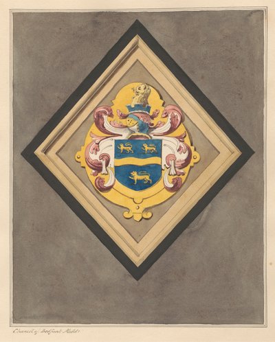 Våbenskjold i kancelle ved Bedfont Kirke af Daniel Lysons