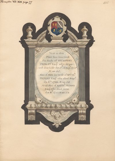Mindesmærke for Humphry Primat, Nathaniel og Ann Primat fra Hampton Church af Daniel Lysons
