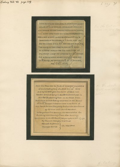 Mindesmærke for John Bowman og Edward Vaughen fra Ealing Church af Daniel Lysons