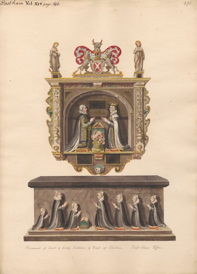 Mindesmærke for Lord og Lady Latimer og børnegraven Ralph, Katherin, Ralph, Dorothye, Jane, Margaret og Anne fra East Ham Church af Daniel Lysons