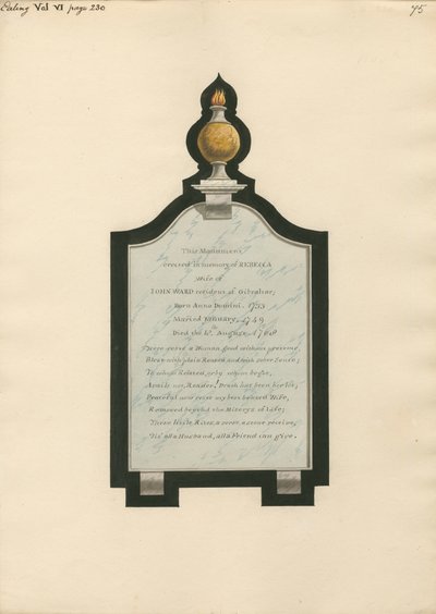 Mindesmærke for Rebecca Wife of John Ward fra Ealing Church af Daniel Lysons