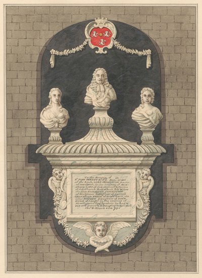 Mindesmærke for Sir John Bennett og hans hustruer Elizabeth og Bridget fra Harlington Church af Daniel Lysons