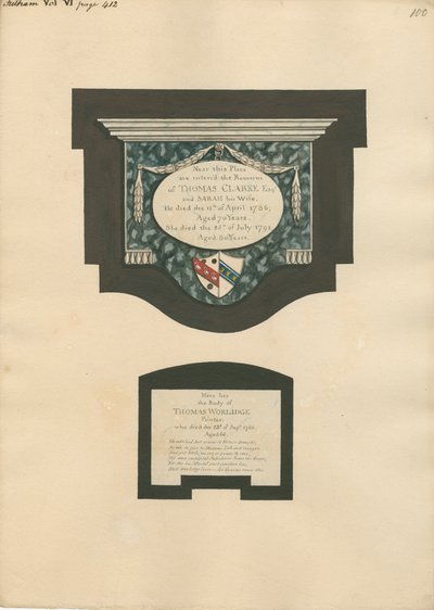 Mindesmærke for Thomas Clarke og hustru Sarah og Thomas Worlidge fra Fulham Church af Daniel Lysons
