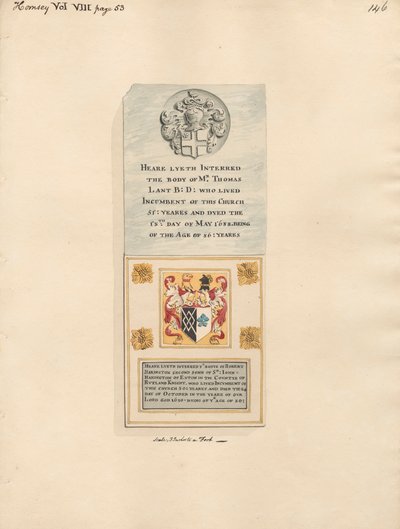 Mindesmærke for Thomas Lant også for Robert Harington fra Hornsey Church af Daniel Lysons