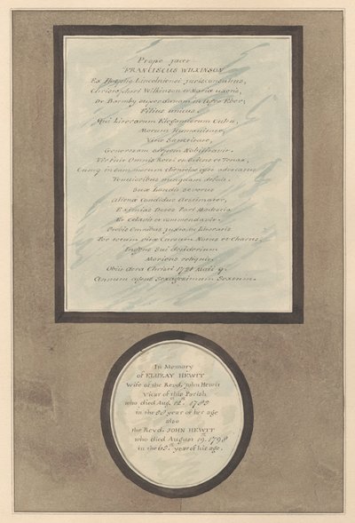 Mindesmærker for Francis Wilkson og John og Eluzay Hewitt fra Feltham Church af Daniel Lysons
