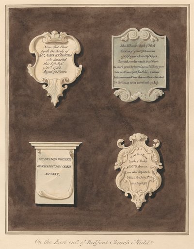 Mindesmærker for Mrs. Mary Staunton, John Silvester, Mrs. Frances Whiterly og Mrs. Rebecca Lone fra Bedfont Church af Daniel Lysons