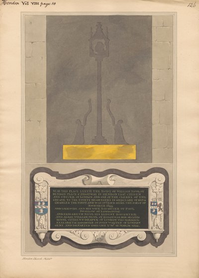 Rester af messingplade og mindesmærke for William Nicol og Ann hans kone og Elizabeth hans datter og William hans søn af Hendon Church af Daniel Lysons