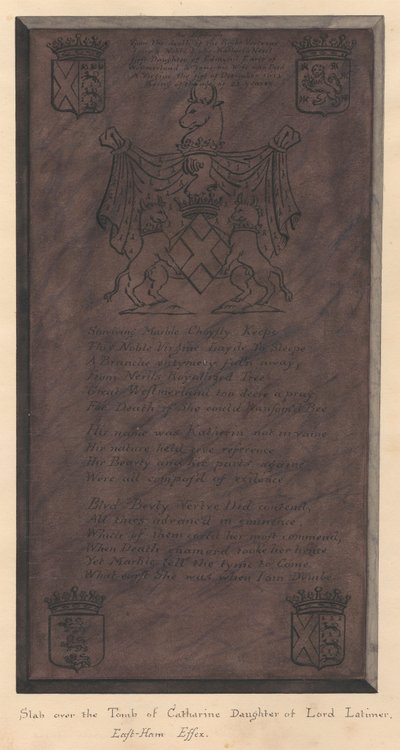 Plade over graven af Catherine Daughter of Lord Latimer fra East Ham Church af Daniel Lysons