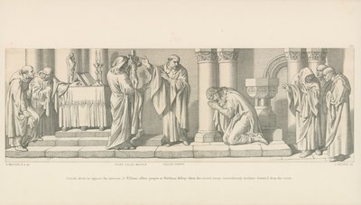 Harold, der er ved at modsætte sig Vilhelms invasion, beder bønner i Waltham Abbey, da det hellige billede på mirakuløs vis hælder sig fremad fra korset af Daniel Maclise