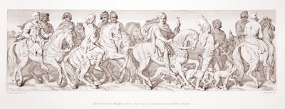 Harold og hans riddere rider til deres indskibningssted ved Bosham, Sussex, fra "The Story of the Norman Conquest", graveret af L. Gruner, 1866 af Daniel Maclise