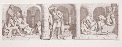 Harold og sakserne er indespærret i Beaurain-slottet nær Montreuil, fra "The Story of the Norman Conquest", graveret af L. Gruner, 1866 af Daniel Maclise
