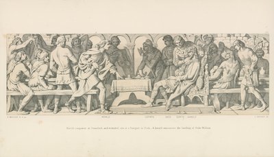 Harold erobrer i Stamford, og såret, sidder ved en banket i York. En herold annoncerer hertug Williams landgang af Daniel Maclise