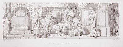 Harold, der er vendt tilbage fra Normandiet, præsenterer sig selv for Edward Bekenderen, fra "The Story of the Norman Conquest", graveret af L. Gruner, 1866 af Daniel Maclise
