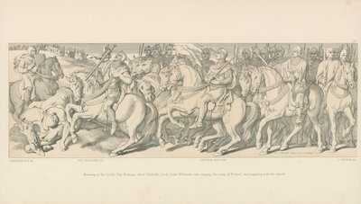 Slaget om morgenen. Den normanniske høvding Taillefer fører hertug Williams vogn an, idet han synger Rolandssangen og jonglerer med sit sværd. af Daniel Maclise