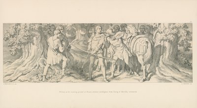 William, i sit jagtområde i Rouen, modtager efterretninger fra Tostig af Harolds kroning af Daniel Maclise
