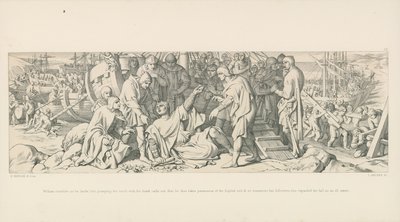 William snubler, da han lander, men griber jorden med hånden og råber, at han således tager den engelske jord i besiddelse, og beroliger således sine tilhængere, der betragtede hans fald som et dårligt varsel. af Daniel Maclise