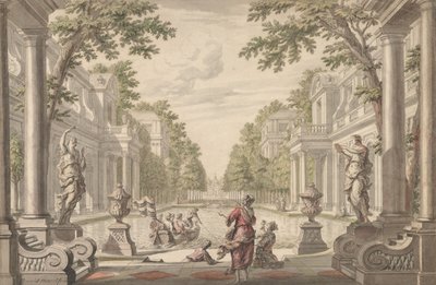 Udsigt over en paladshave med en central dam omgivet af klassisk arkitektur..., ca. 1700-1720. af Daniel Marot