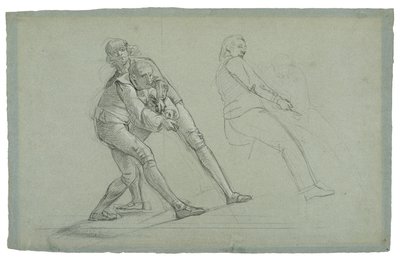 Studie til The Siege of Gibraltar (Studie af figurer, der trækker i et reb), 1785-1786 (sort og hvidt kridt på gråblåt papir) af Daniel Mytens