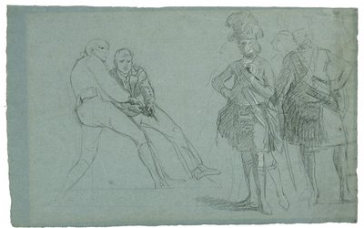 Studie til The Siege of Gibraltar (Studie af oberstløjtnant Lindsay og figurer, der trækker i et reb), ca. 1786-1787 (grafslips og sort/hvid kridt på gråblåt papir) af Daniel Mytens