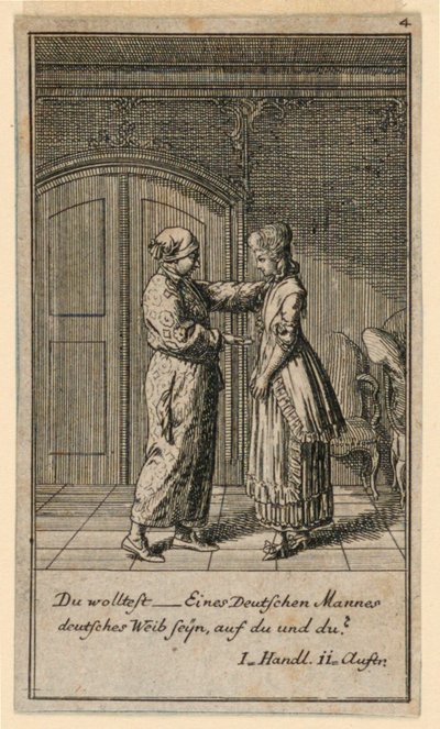 A Father or Guardian Talking to a Girl, Illustration af skuespillet "Not more than sachs Schuesseln" af Fredrich Wilhelm Grossman i "Königl: Grosbrit [anian] genealogical calendar for the 1782 year Lauenberg by J.G. Berenberg" af Daniel Nikolaus Chodowiecki
