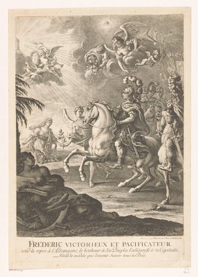 Allegorisk fremstilling med Frederik den Store til hest Fréderic victorieux et pacificateur (...) (titel på objekt) af Daniel Nikolaus Chodowiecki