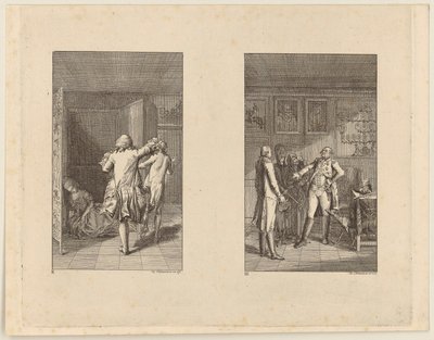 Baronen jager Candide ud af slottet [til venstre]; Candide, Kunigunde og den gamle kvinde foran guvernøren i Buenos Aires [til højre] af Daniel Nikolaus Chodowiecki