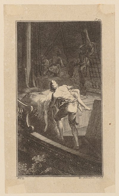 Bunkel bærer Miss Melmoth fra den oversvømmede kahyt op på dækket, blad 2 fra «Johann Bunkels liv, bemærkninger og meninger» af Daniel Nikolaus Chodowiecki