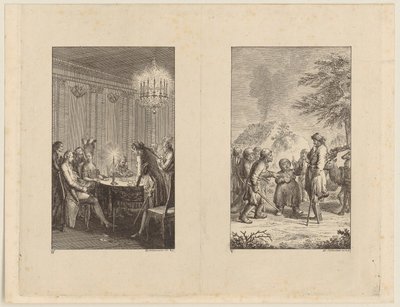 Candide hos en skuespillerinde [til venstre]; Candide i Norge [til højre] af Daniel Nikolaus Chodowiecki