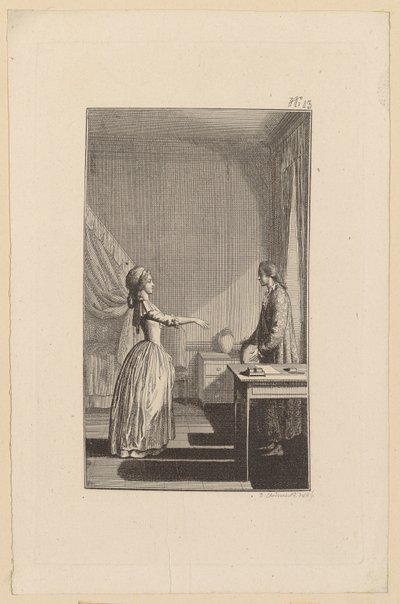 Clarisse beskylder Lovelace for at have gjort hende sårbar, vanæret hende og berøvet hende al ro og dyd af Daniel Nikolaus Chodowiecki