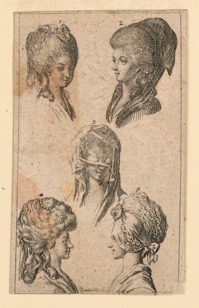 Five Headbears, as Worn by Berlin Women, Illustration for "Königl: Grosbrit [anian] genealogical calendar for the 1782 year Lauenberg by J.G. Berenberg" af Daniel Nikolaus Chodowiecki