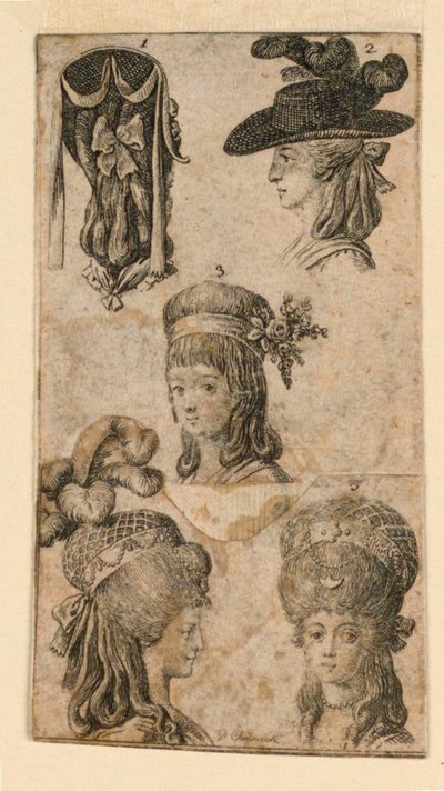 Fem hovedbeklædninger til kvinder, to fragmenter af illustrationer til "Königl: Grosbrit [anian] genealogisk kalender for 1781-året Lauenberg af J.G. Berenberg" af Daniel Nikolaus Chodowiecki