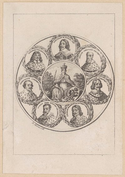 Germania med portrætter af kejser Ferdinand III og seks kurfyrster fra Trediveårskrigen af Daniel Nikolaus Chodowiecki