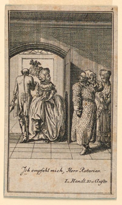 Det ældre par afslutter hovmodigt et besøg, illustration af skuespillet "Not more than sachs Schuesseln" af Fredrich Wilhelm Grossman i "Königl: Grosbrit [nische] genealogical calendar on the 1782 year Lauenberg by J.G. Berenberg" af Daniel Nikolaus Chodowiecki