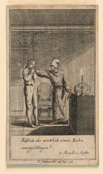 The Slap in the Face, Illustration af Skuespillet "Not more than sachs Schuesseln" af Fredrich Wilhelm Grossman i "Königl: Grosbrit [anian] genealogical calendar for the 1782 year Lauenberg by J.G. Berenberg" af Daniel Nikolaus Chodowiecki