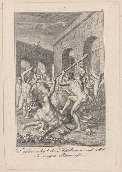 Theseus dræber Minotauros og redder de unge athenere, blad 3 til Beckers "Theseus" af Daniel Nikolaus Chodowiecki